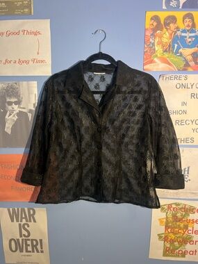 Sheer Black Floral Whimsigoth Festival Button-Front Women's Top